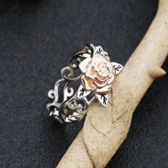 Silver Floral Band 14K Rose Gold Flower Ring - Picture 2 of 7